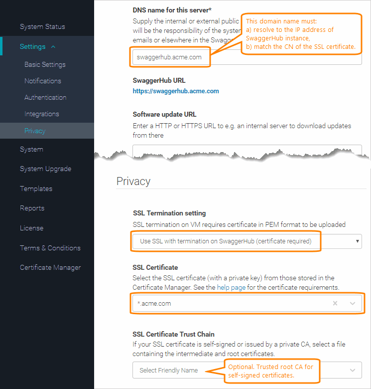 Applying SSL certificate on the Settings page in Admin Center