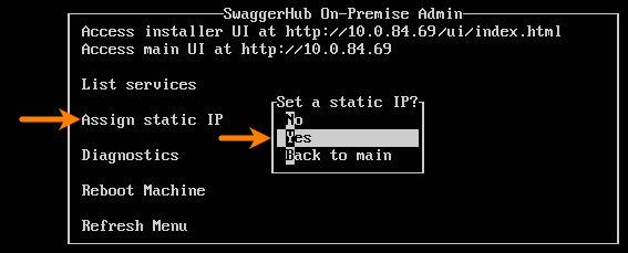 Console menu: Assign static IP