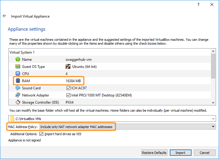 VirtualBox appliance import settings