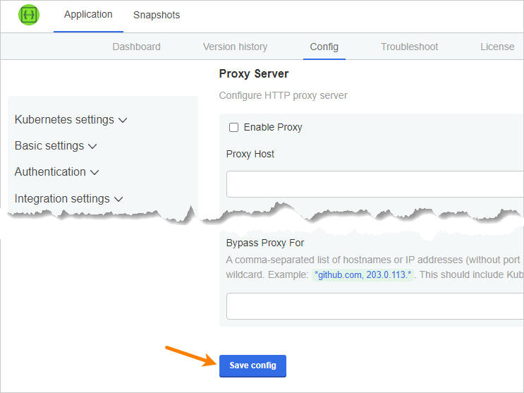 The 'Save config' button at the bottom of the Config tab