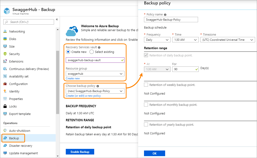 VM backup settings in Azure